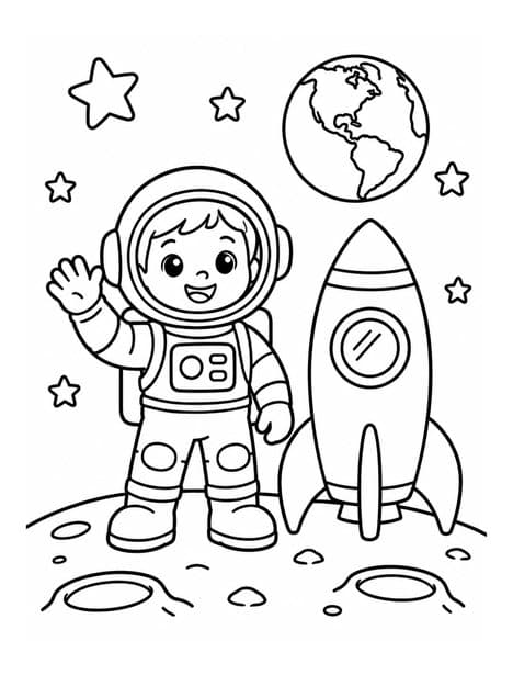 Young astronaut waving beside a rocket on the Moon