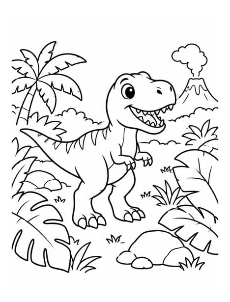 T-rex in a jungle with a volcano