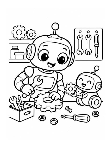Two friendly robots fixing gears in a workshop